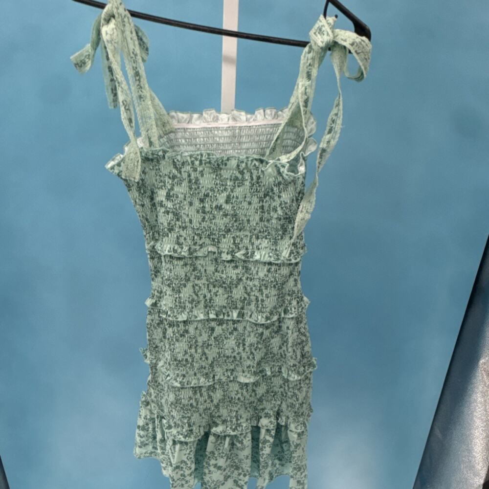 Women's Light Green Ruffle Strappy Mini Fit & Flare Dress Square Neck Floral S